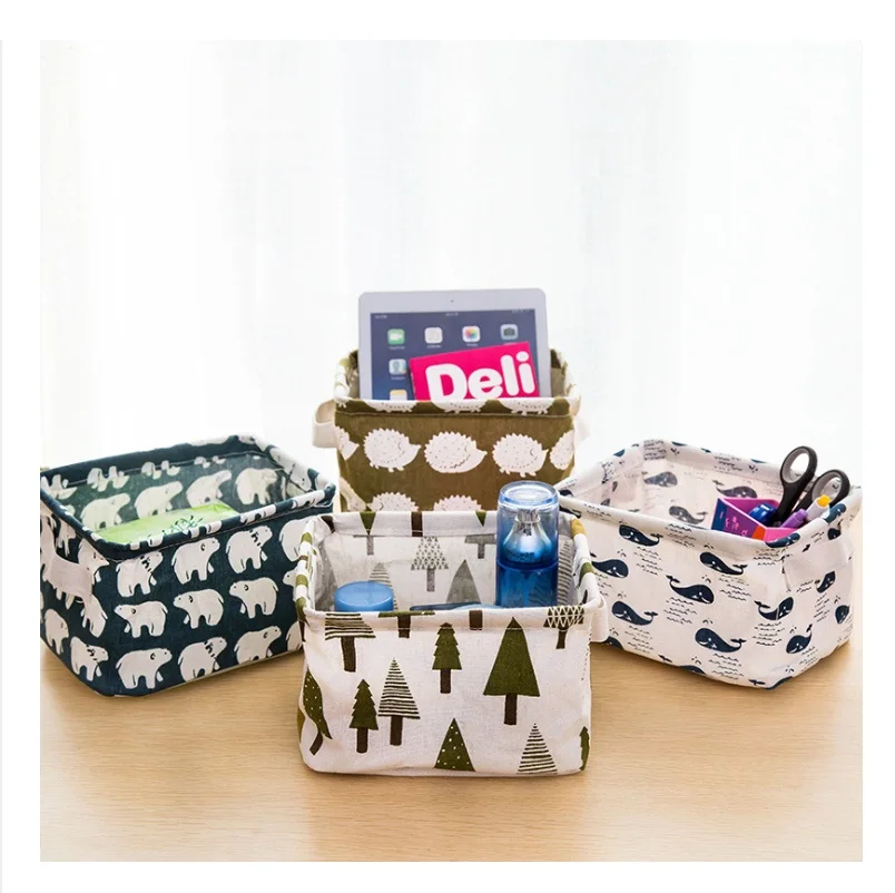 Коробка для мелких вещей с ручкой Настольная складная корзина милым