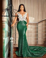 green sheer o neck evening dresses appliques formal dress sequined celebrity party gowns mermaid full sleeve robe de soiree