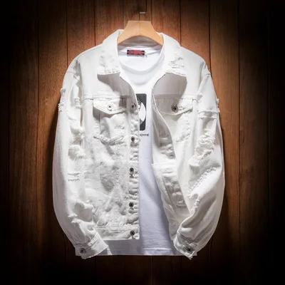 Новая модная брендовая джинсовая куртка для мужчин мужские рваные джинсовые