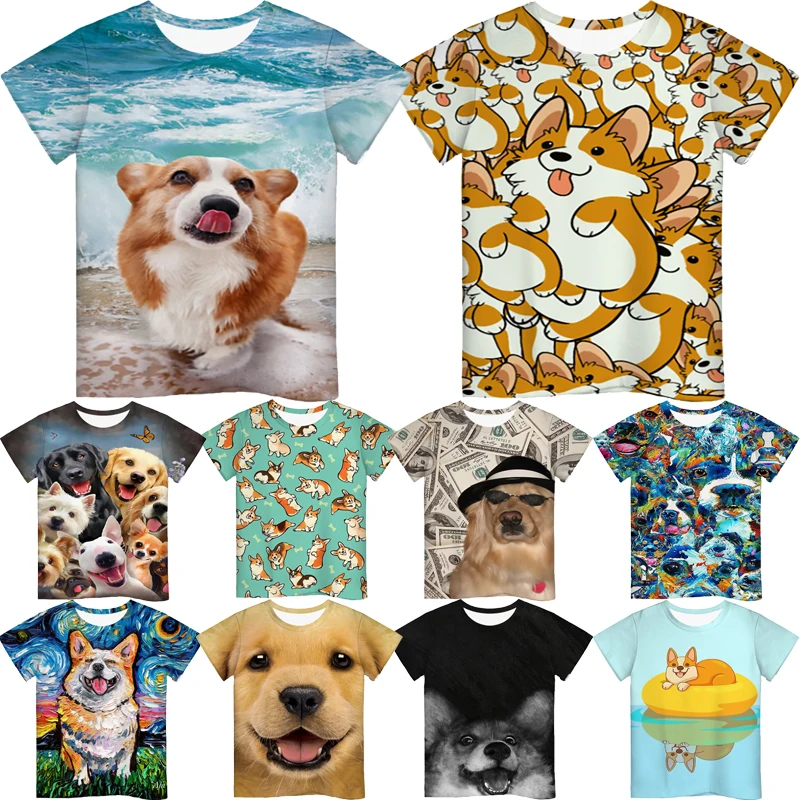 

New 3D Kawaii Animal Dog Corgi Golden Retriever Pug Tshirt for Teens Boys Girls Summer Children Cartoon T Shirt Kids T-shirt Tee