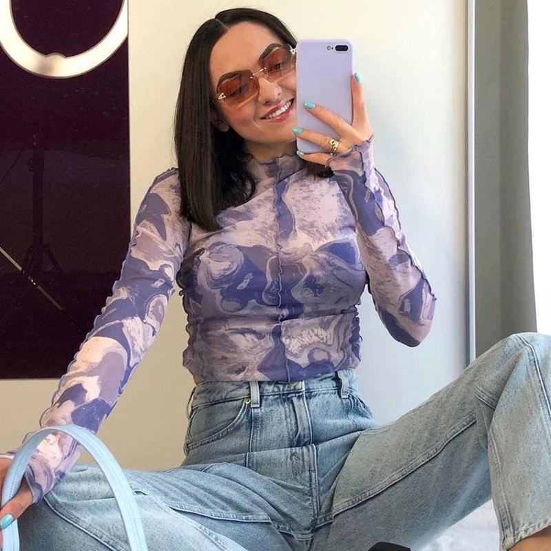 

Gothic Black Pachtwork Mesh Sheer T-shirt E-girl Graphic 90s Vintage Women Long Sleeve Slim Fit Crop Top Harajuku Streetwear