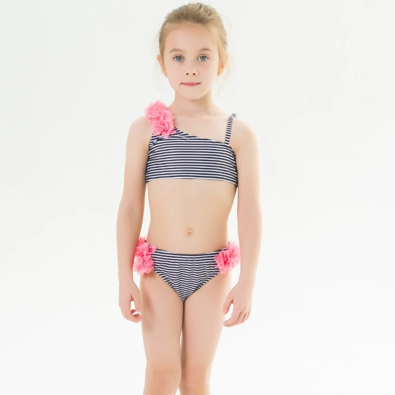 

2-7Y Girls Swimsuit Stripe Two Piece Swimwear Kids 3D Flower Bathing Suit Toddler Baby Beachwear Backless Skinny Triangle Bikini