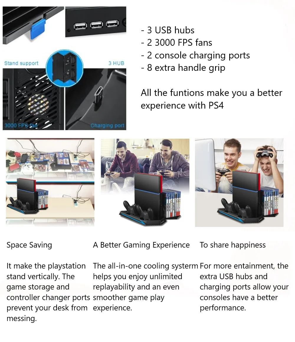 PS4 Вертикальный охлаждающий вентилятор с подставкой, охлаждающая станция с 2 контроллерами, зарядным портом, 14 разъемами для хранения игрового диска, 3 концентраторных порта, 4 Захваты