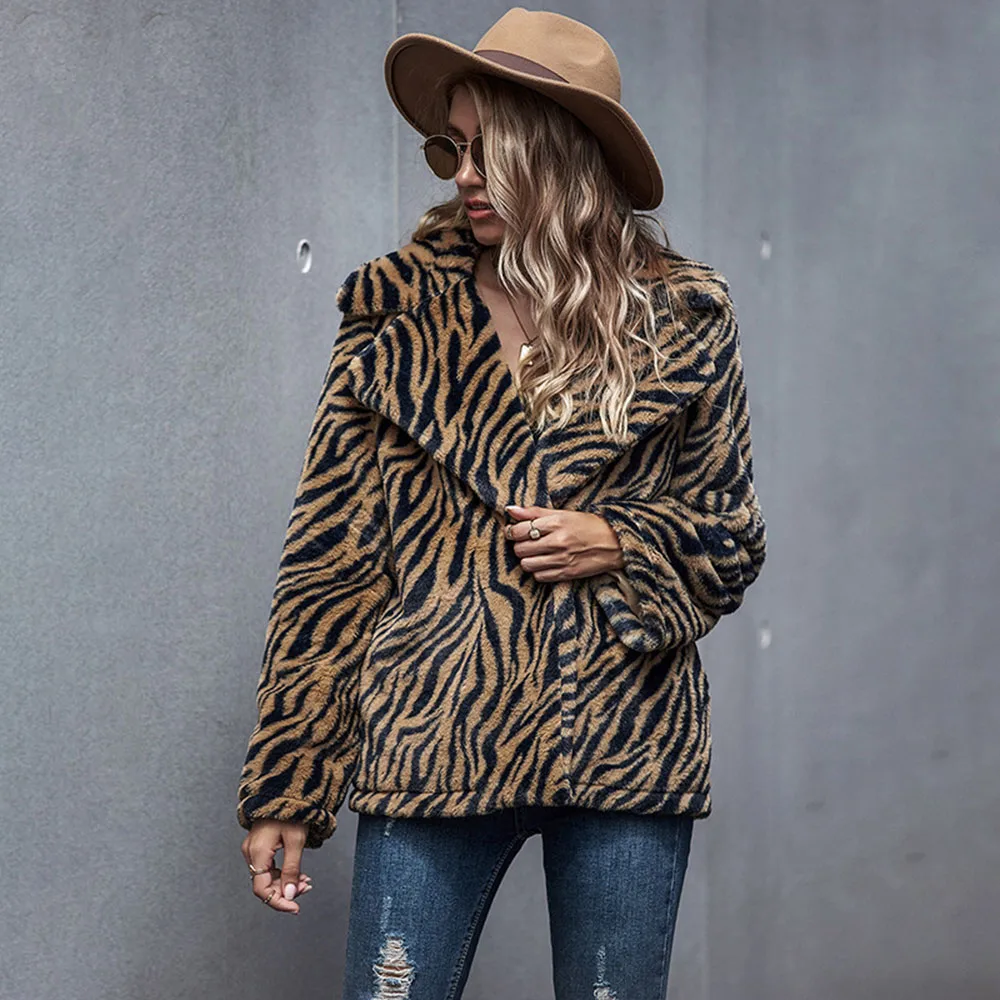 SEBOWEL Fashion Design Tiger Print Faux Fur Overcoat Women Winter Long Sleeve Female Animal Pattern Warm Cardigan Coat S-XL