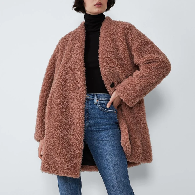 Женская длинная плюшевая куртка из искусственного меха с V образным