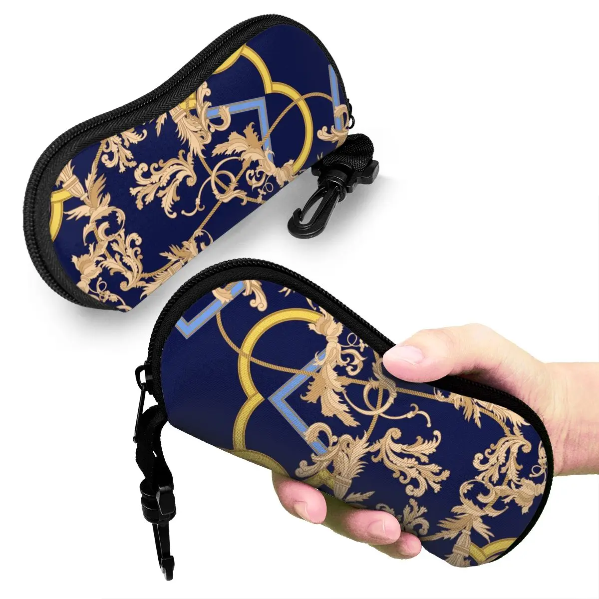 

New Unisex Glasses Case Women Men Folding Box Portable Hanging Belt Zipper Blue Golden Flowers Printed Customized Dropshipping