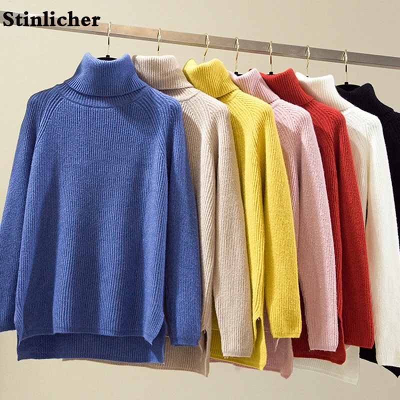 

Осенне-зимние свободные вязаные свитера с высоким воротником женские пуловеры с длинным рукавом асимметричные однотонные женские топы выс...