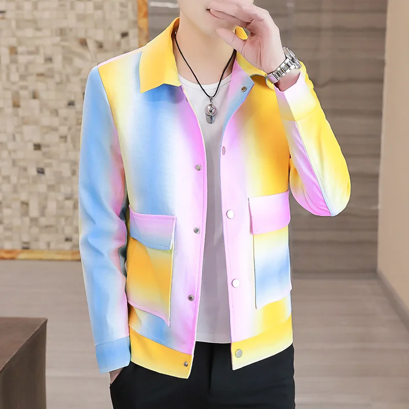

2021 Men's Spring Casual Polo Collar Jacket Youth Gradient Color Trendy Slim Jacket