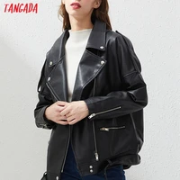 tangada 2021 women black faux leather jacket coat ladies long sleeve loose oversize boy friend coat am33