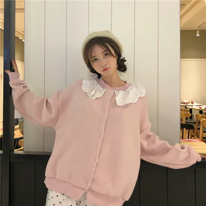 Японский осенне-зимний свитер кардиган женский однотонный с пуговицами пэчворк