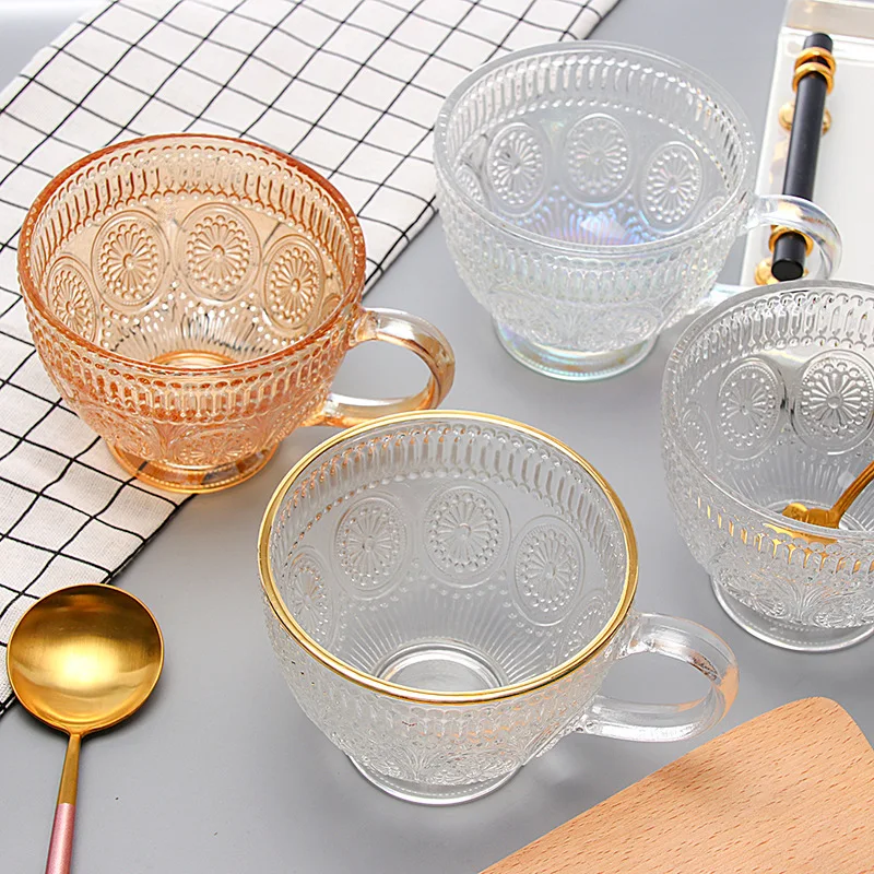 

Relief Sunflower Milk Cup Oatmeal Cup Household Glass Cup With Handle Large Capacity Amber Breakfast Cup