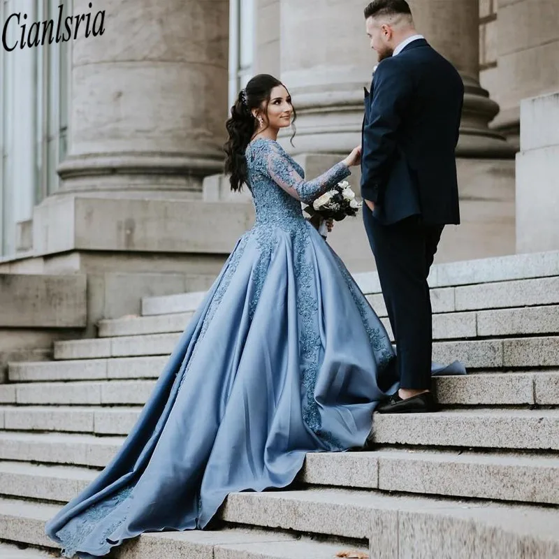 

Бальное платье с длинным рукавом синие платья для Quinceanera с шлейфом для часовни эластичные атласные платья с аппликацией из бисера с длинным ...