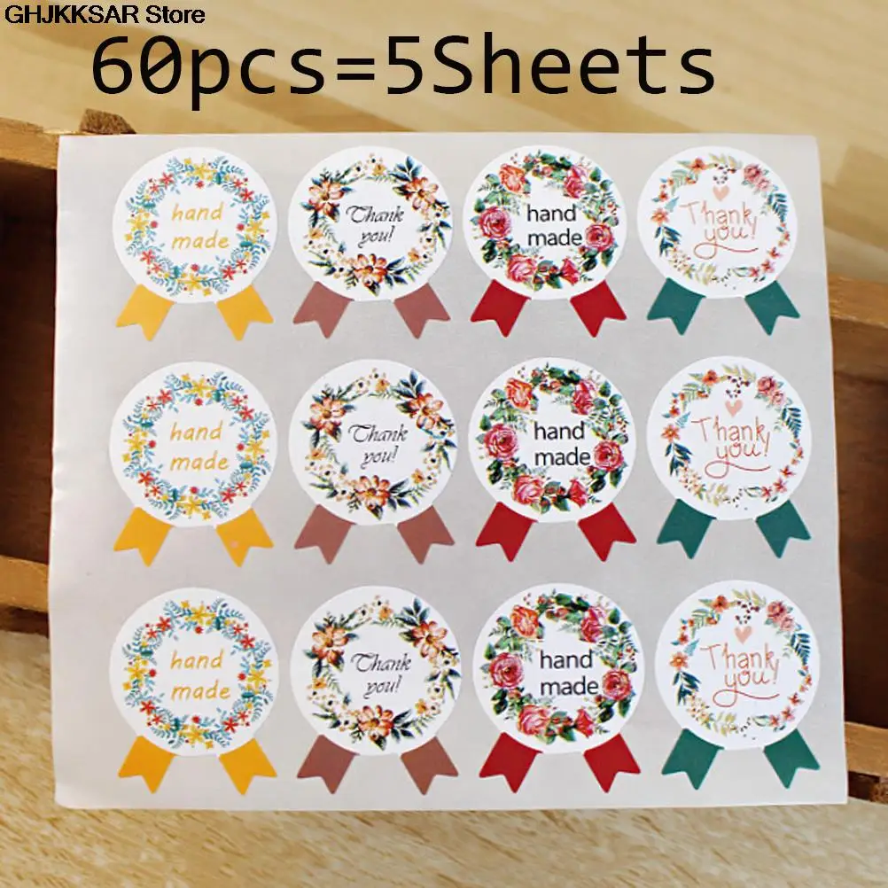60pcs/lot DIY Vintage Handmade Stickers Kraft Label Sticker 5 Sheets Hand Made For Gift Cake Baking Sealing | Дом и сад