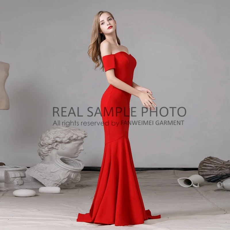 Красное Атласное Вечернее платье русалки с открытыми плечами бальное для