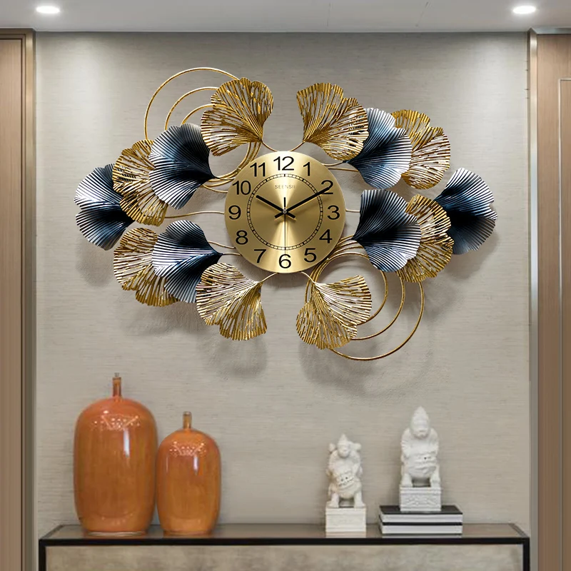 

Настенные часы с листьями гинкго из кованого железа, настенное украшение для дома, гостиной, Настенная роспись, ремесла для отеля, 3D наклейк...