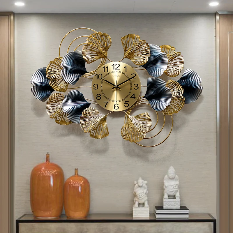 Chinese Ginkgo Leaf Wrought Iron Wall Clock Hanging Decoration Home Livingroom Mural Crafts Hotel 3D sticker | Дом и сад