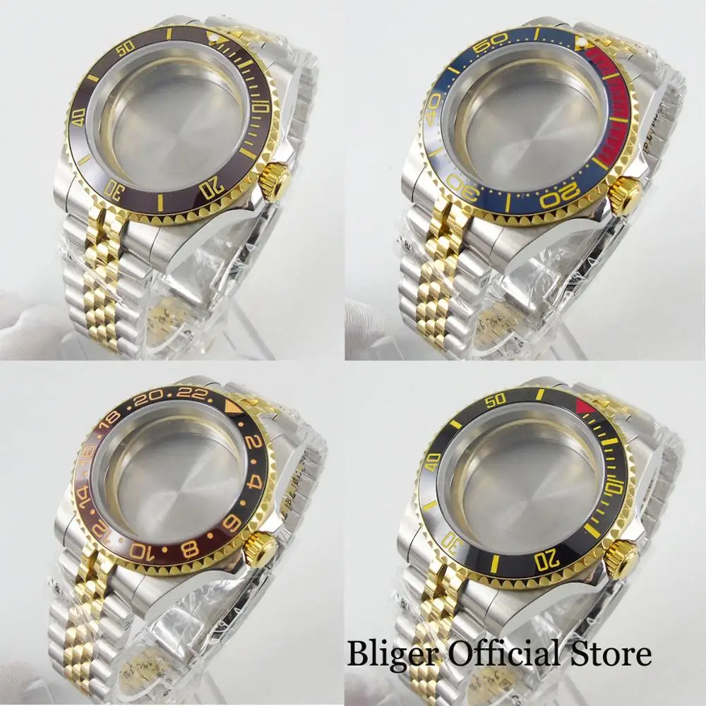 BLIGER Fit NH35 NH36 ETA2824 PT5000 MIYOTA Two Tone God Coated Watch Case Jubilee Bracelet Sapphire Glass Ceramic Bezel Insert