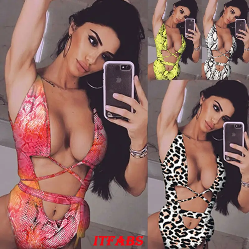 

Женский сексуальный слитный купальник с леопардовым принтом, бандажный Монокини, пляжная одежда, летний купальник, бикини, купальный костю...