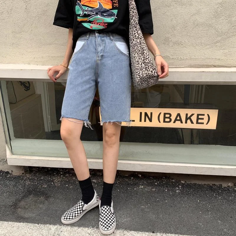 

Summer High Waist Jeans Women Ripped Tassel Patchwork Color Jeans Wooman Streetwear Button Fly Knee Length Harem Pants