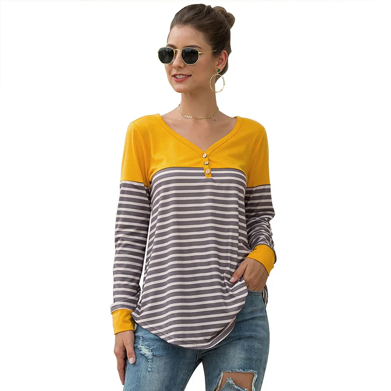 

ZXQJ Autumn T Shirt Women Top Shirts Long sleeve Casual Tshirt Striped Female V-neck T-Shirt Women's Tops Tee Shirt