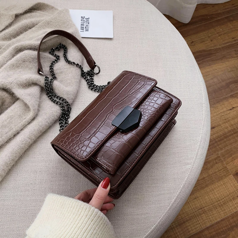 Однотонные женские сумки через плечо из искусственной кожи с каменным узором маленькая сумка через плечо женские сумки на цепочке - Цвет: Кофе
