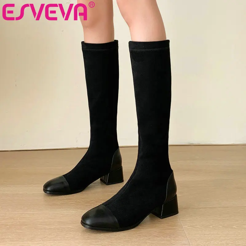 

ESVEVA 2021 Round Toe PU Leather Classic Fashion Square Med Heel Knee High Boot Black Platform Women Boots Slip OnBig Size 34-43