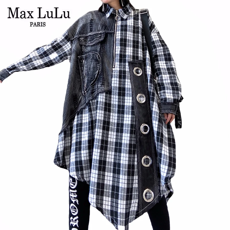 

Max LuLu 2020 Spring Korean Style Ladies Loose Dresses Womens Denim Patchwork Dress Plaid Vintage Streetwear Vestidos Plus Size