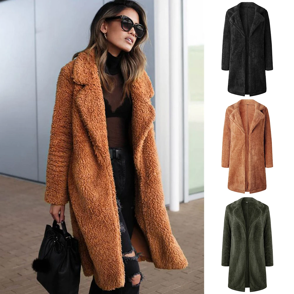

Women Ladies Jacket Solid Casual Trench Long Sleeve Lapel Outwear Warm Artificial Fleece Autumn Winter Coat Cardigan
