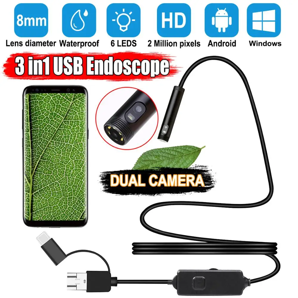 

Dual Lens Endoscope 2MP 1080P For Android Phone Endoscope Camera 8mm ip67 5M Cable USB C Camera With Led Light Borescope