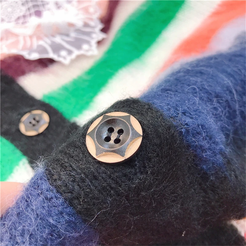 

Runway Fashion Contrast Color Cardigan Women Knit Mohair Sweater Striped Single Breasted Female Oversize Coat O-Neck Rainbow Top