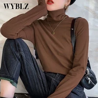 wyblz solid long sleeve women tshirt 2021 thin velvet slim pullover top fashion korean casual half high collar tee shirt ladies
