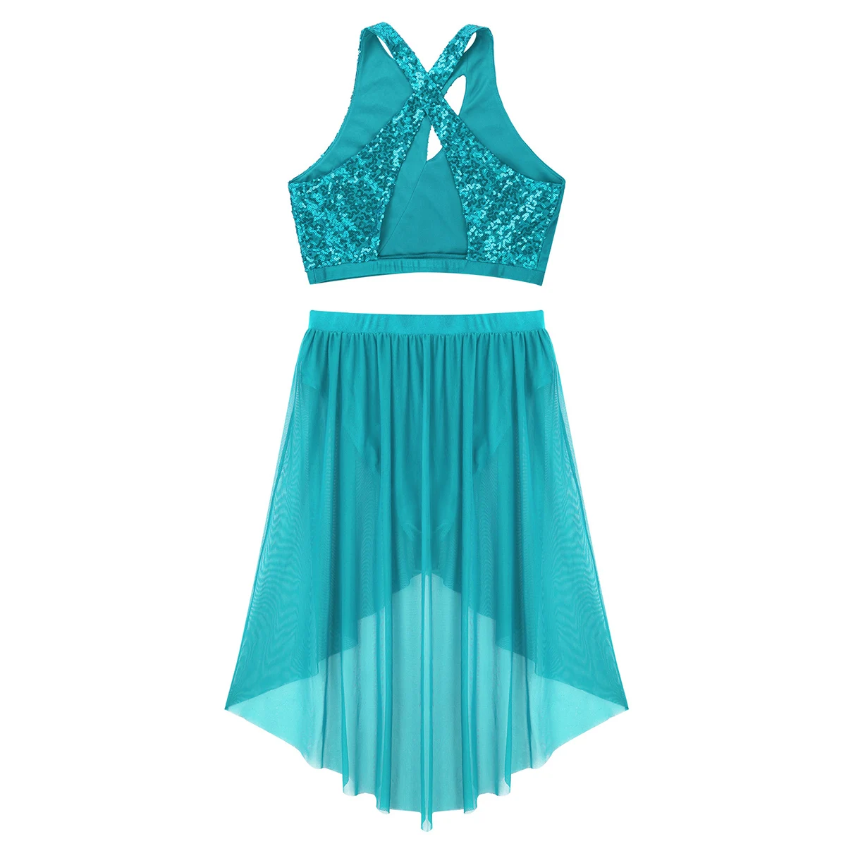 Women Adult Latin Dance Dress Modern Lyrical Ballet Belly Costume Outfit Asymmetrical Shiny Sequins Tank Crop Top &amp Mesh Skirt |