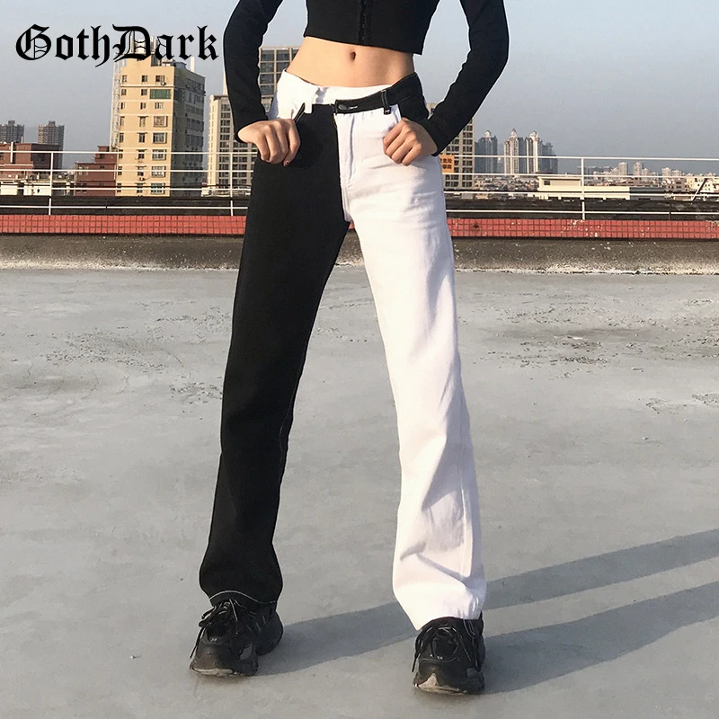 

Goth Dark Y2k Aesthetic Gothic Wide Jeans Mall Goth Punk Slim Black White Color Blocking Hip Hop Women Pants Patchwork Trousers