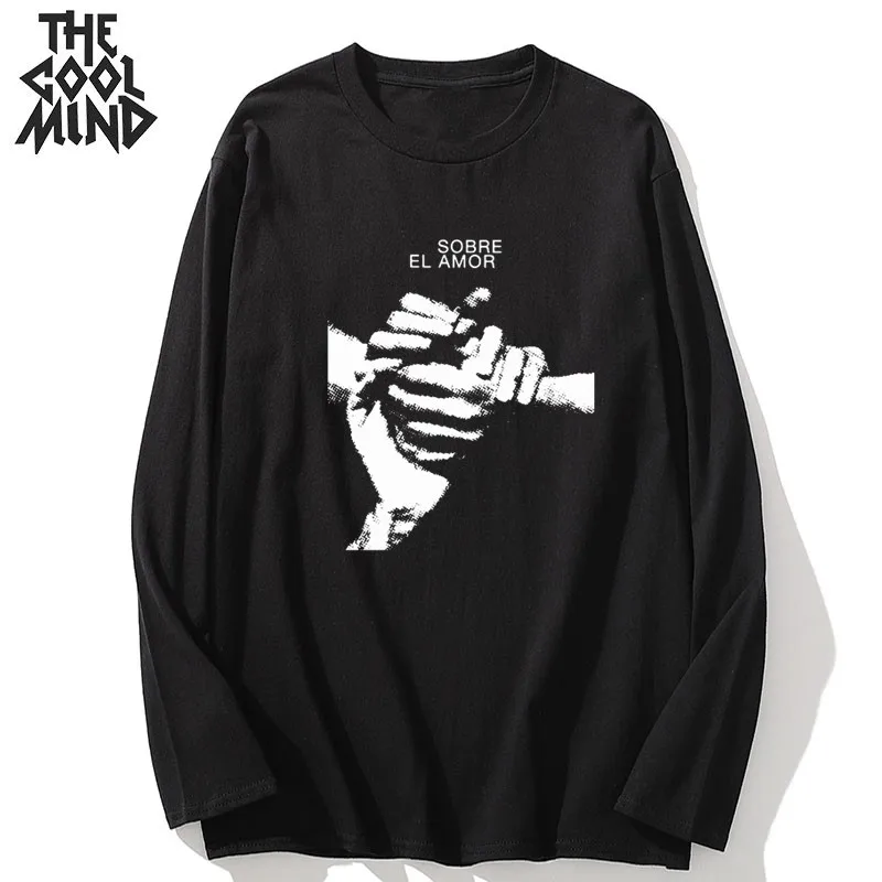 

COOLMIND 100% cotton long sleeve hand print men tshirt casual streetwear men t shirt o-neck cool loose t-shirt mens tee shirts