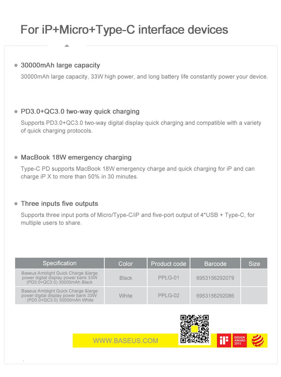 Baseus, 30000 мА/ч, зарядное устройство USB C PD3.0, быстрая зарядка, 3,0, 30000 мА/ч, портативное Внешнее зарядное устройство для Xiaomi Mi