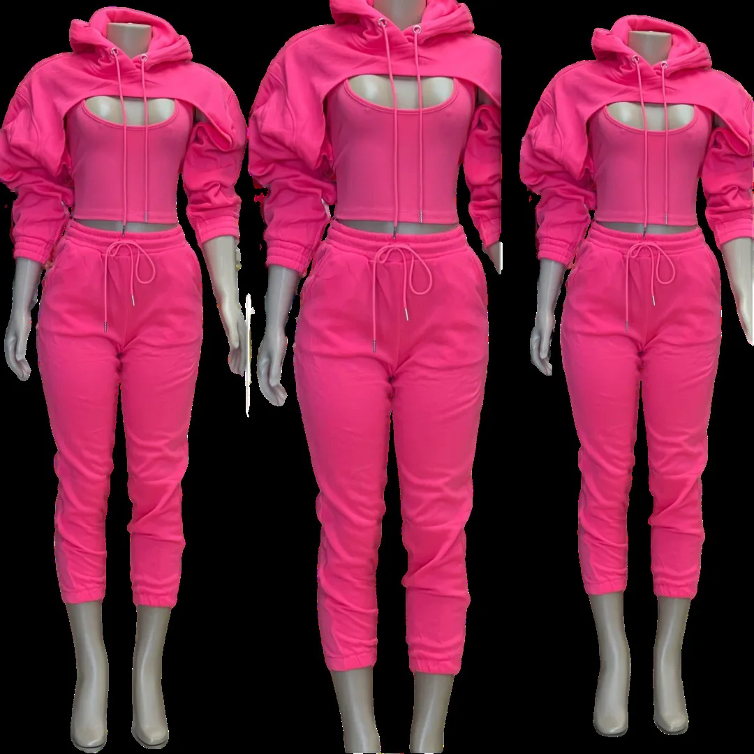 Fitness Women 3 Piece Set Solid Long Sleeve Crop Hoodies Vest High Waist Jogging Pants Suit 2021 Winter Autumn Sporty Sweat Suit 2 Fitness Women 3 Piece Set Solid Long Sleeve Crop Hoodies Vest High Waist Jogging Pants Suit 2021 Winter Autumn Sporty Sweat Suit 2