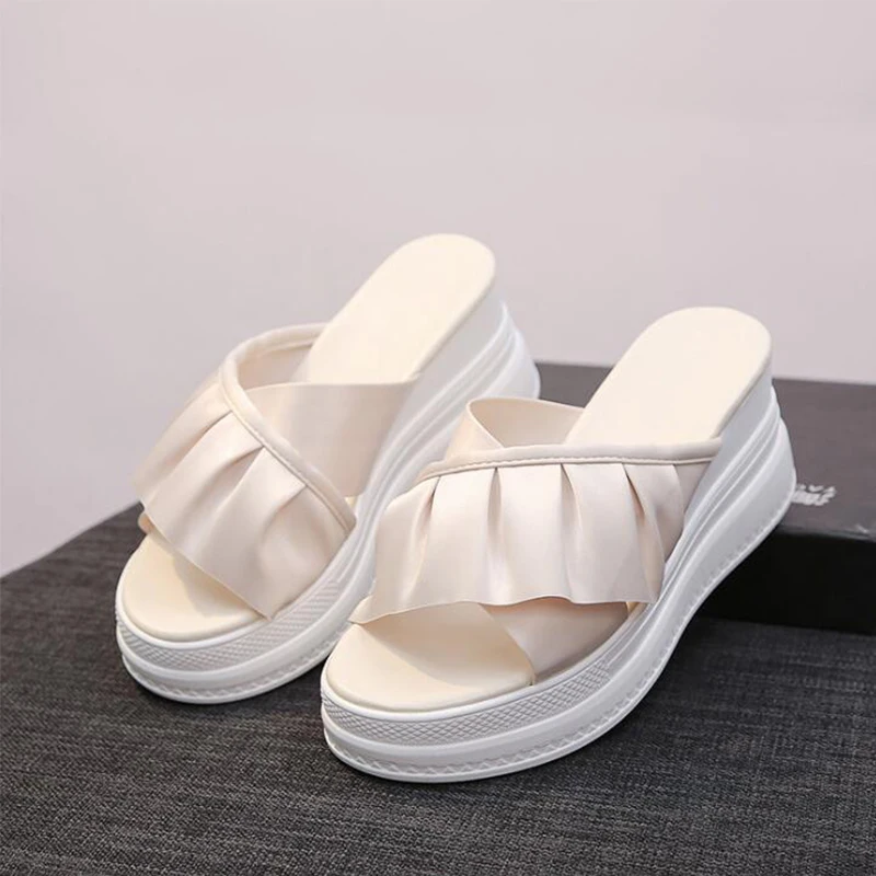 

Fashion New Summer Pumps Shoes Women Slippers Outside Platform(4cm) Shallow Wedges Casual Lady Solid 8cmHigh Heels Female Slides