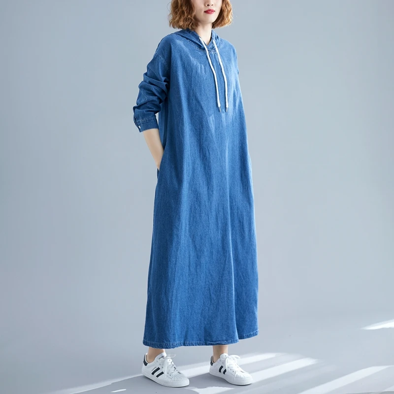 Dress Women 2019 Autumn Fashion Loose Vintage Denim Plus Size Hoodie Sweatshirt Big Ladies Cotton Robe Femme | Женская одежда