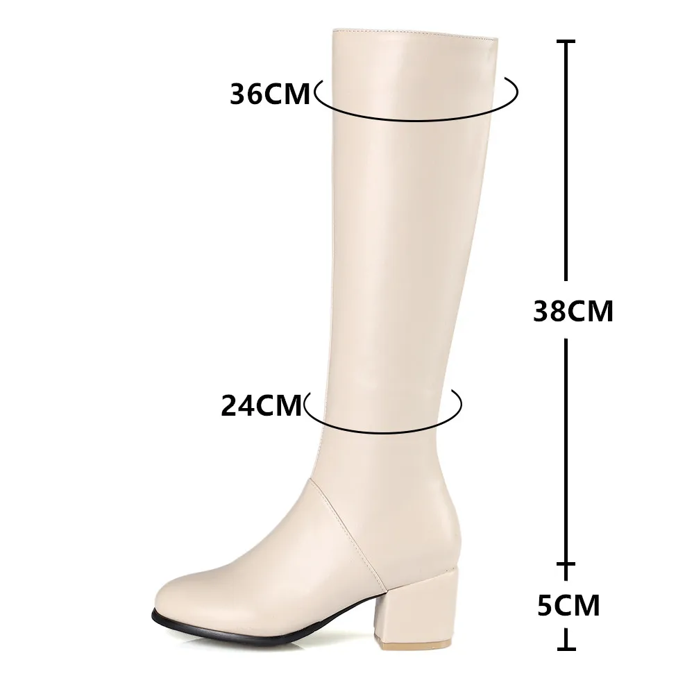 2021 Fashion Knee High Boots Women Pu Leather Thick Heels Long Autumn Winter Zip Female Shoes Size 32-43 botas mujer | Обувь