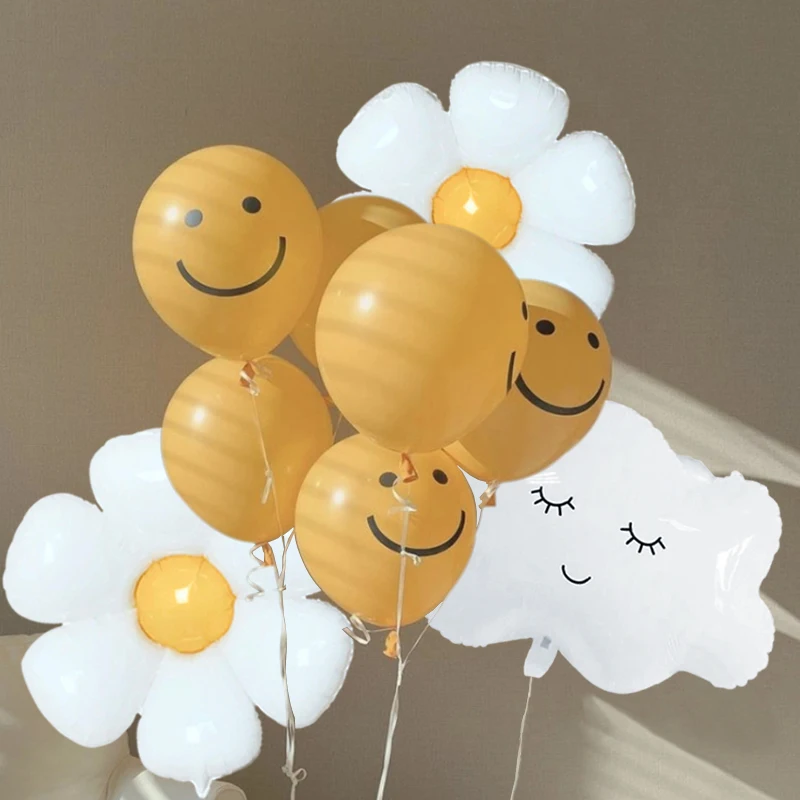 9Pcs Rainbow Sunflower Clouds Foil Balloons 12Inch Yellow Smiley Latex Ballon Set Baby Shower Wedding Birthday Party Decorations | Дом и сад
