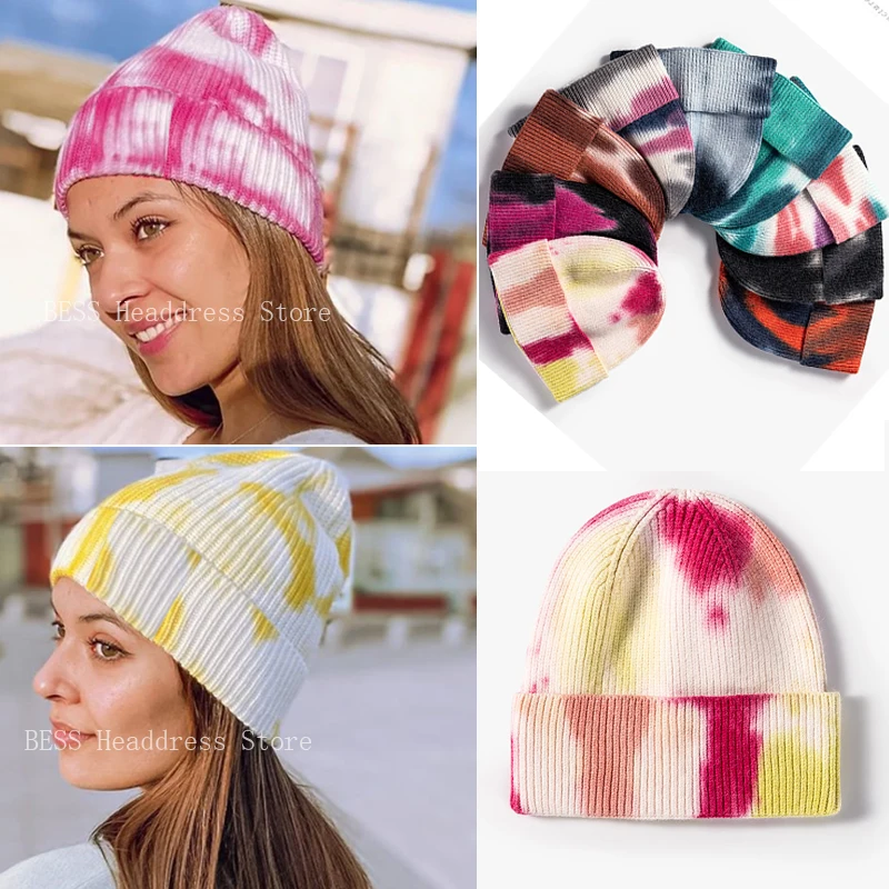

Tie Dye Beanies Knitted for Women Men Hats Caps Hip Hop Hat Girls Autumn Winter Beanie Warm Bonnet Casual Fashion Cap Female