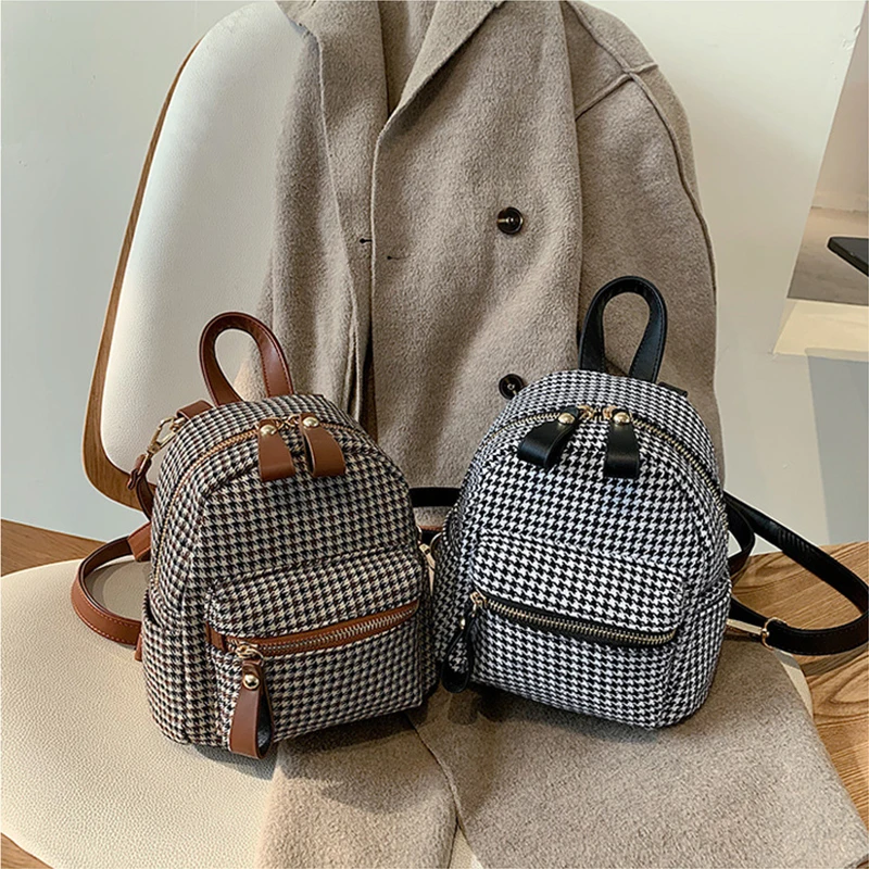 

Tweed Backpack Women Brown And Black Houndstooth Mini Bag 2020 Winter Vintage Mochila Bolsos De Marca Plecak Damski