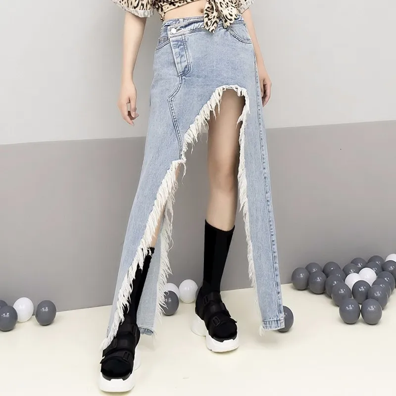 TWOTWINSTYLE джинсовая юбка с бахромой для Для женщин Высокая Талия Разделение большой Размеры нерегулярные юбки женские летние модные пикантные Костюмы