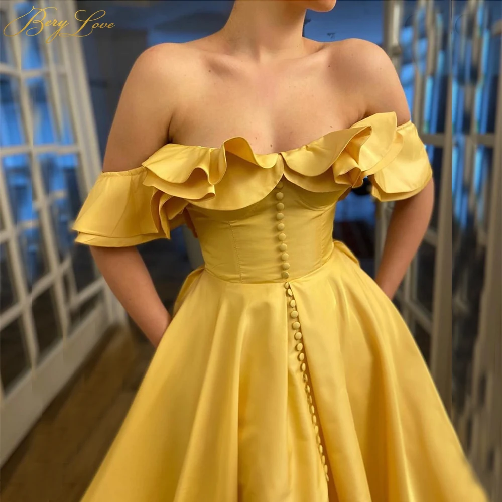 Golden Yellow Evening Dresses 2021 Long Satin A line Ruffle Off Shoulder Slit Formal Gown Side Sleeves Dress Prom Buttons | Свадьбы и
