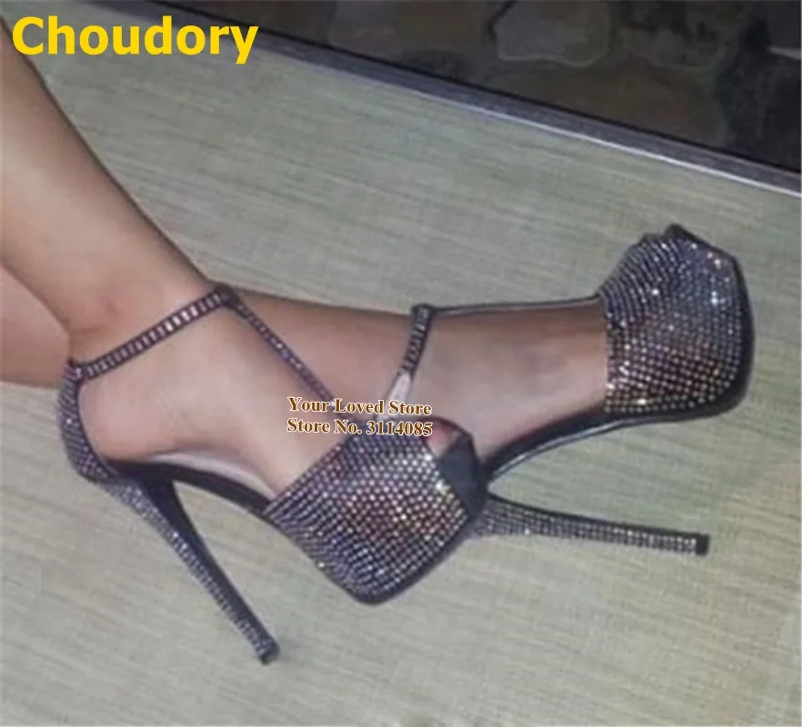 

Choudory Bling Bling Crystal High Heel Shoes Open Toe T-bar Rhinestone Wdding Pumps Stiletto Heels Platform Women Shoes Dropship
