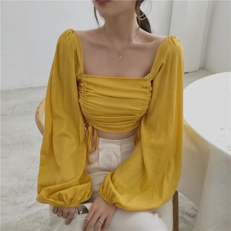 square collar long sleeve crop tops Drawstring fashion brand sweet Blouses Shirts Women's Clothing spring fall new high quality | Женская