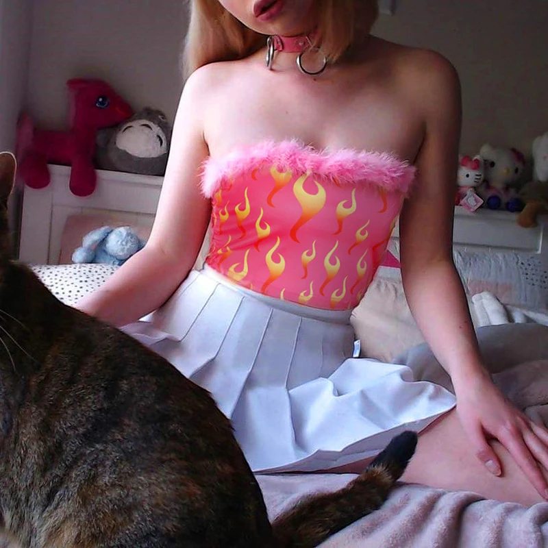 Пушистые Женские топы с принтом огненного пламени розовые милые без бретелек