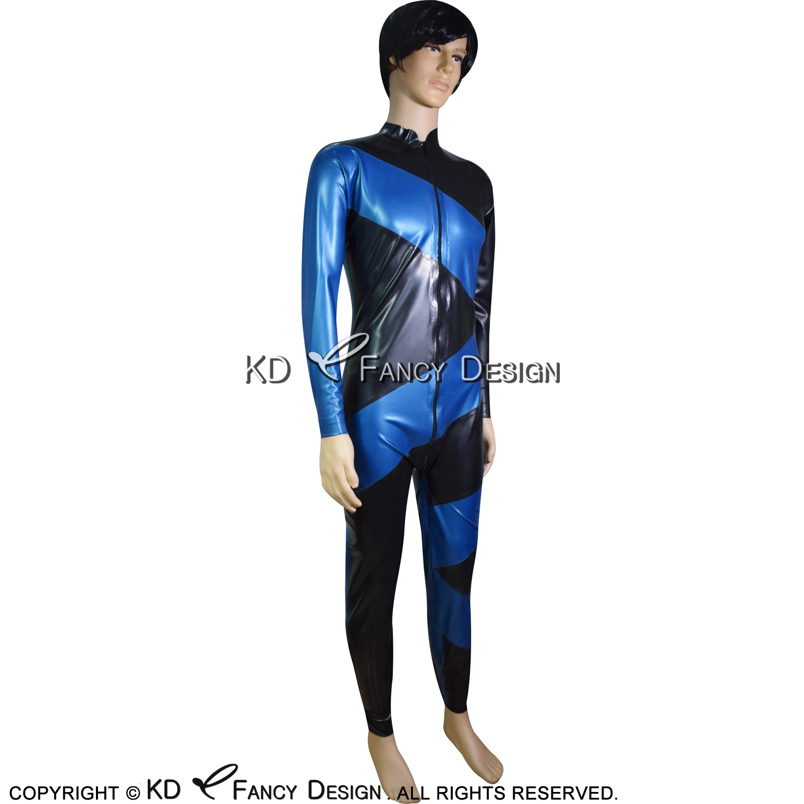 Черный и синий сексуальный комбинезон из латекса с диагоналями спереди до паха