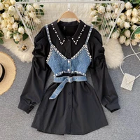 spring 2021 new temperament blouse female lapel beaded stacking bead blusa sling waistcoat c fashion two piece shirt dropship