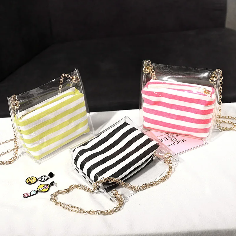 

2020 Striped Jelly Shoulder Bag Women's Bag New Style Chain Phone Cool Messenger Bag Bucket Bag Transparent Phone Bag #25